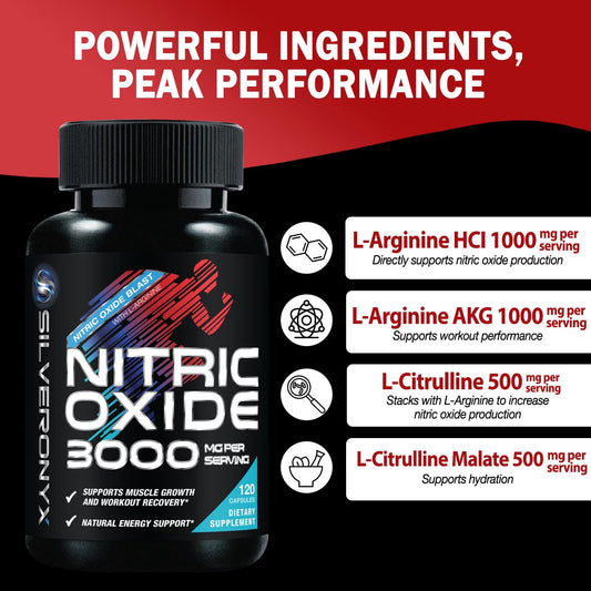 Nitric Oxide Supplement 3000Mg Blend - 3X Strength L-Arginine & L-Citrulline - Complete Pre Workout Nitric Booster - Natural Energy & Muscle Support for Men & Women - Bottled in USA - 120 Capsules