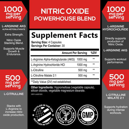 Nitric Oxide Supplement 3000Mg Blend - 3X Strength L-Arginine & L-Citrulline - Complete Pre Workout Nitric Booster - Natural Energy & Muscle Support for Men & Women - Bottled in USA - 120 Capsules